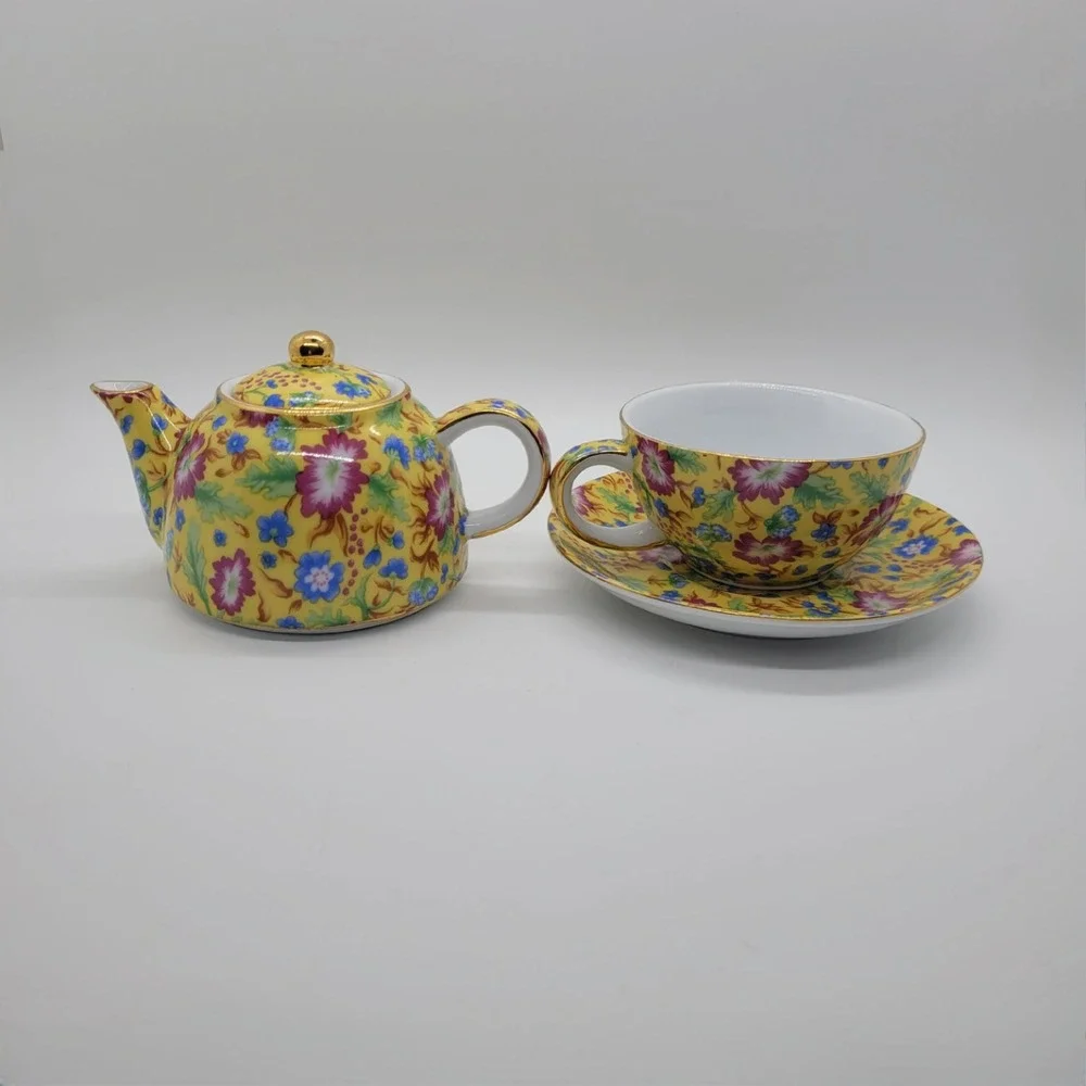 Two's Company Caroline Chintz Tea For One Set Floral Porcelain Teapot Cup Saucer